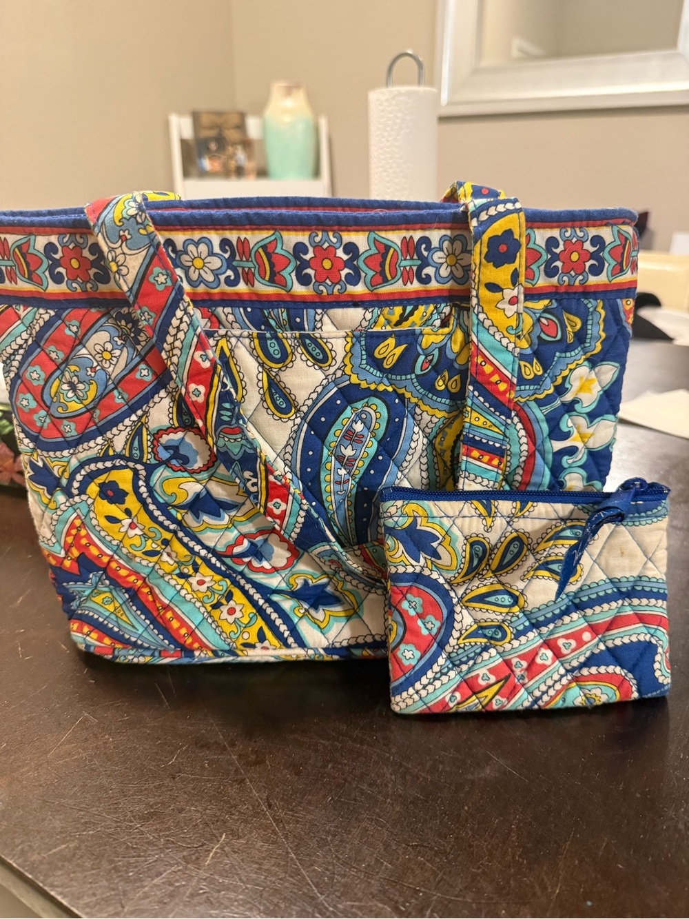 Vera Bradley Blue Paisley Quilted Tote with Zip Pouch vintage retired pattern